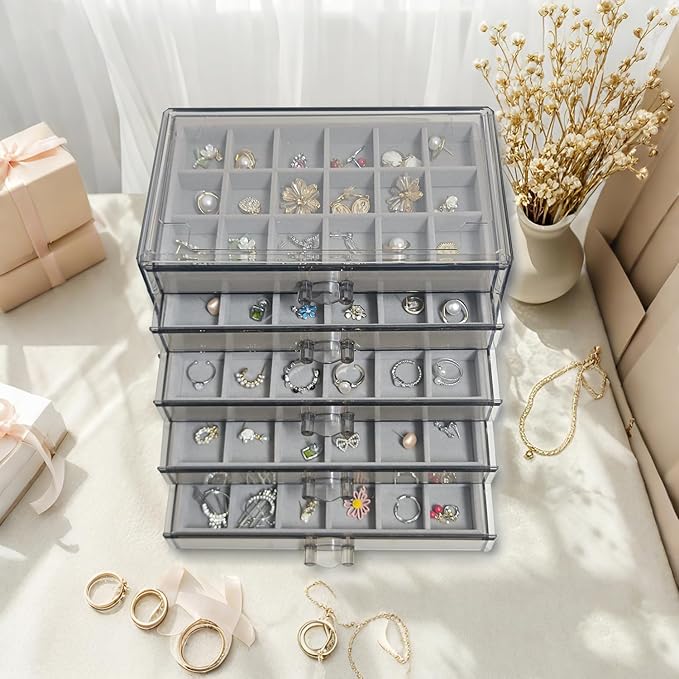 Acrylic Earring Holder Organizer with 5 Drawers Clear Earring Organizer Box with 90 Adjustable Grids Velvet Earring Display Case Jewelry Organizer for Earrings Rings Studs (Brown Gray)