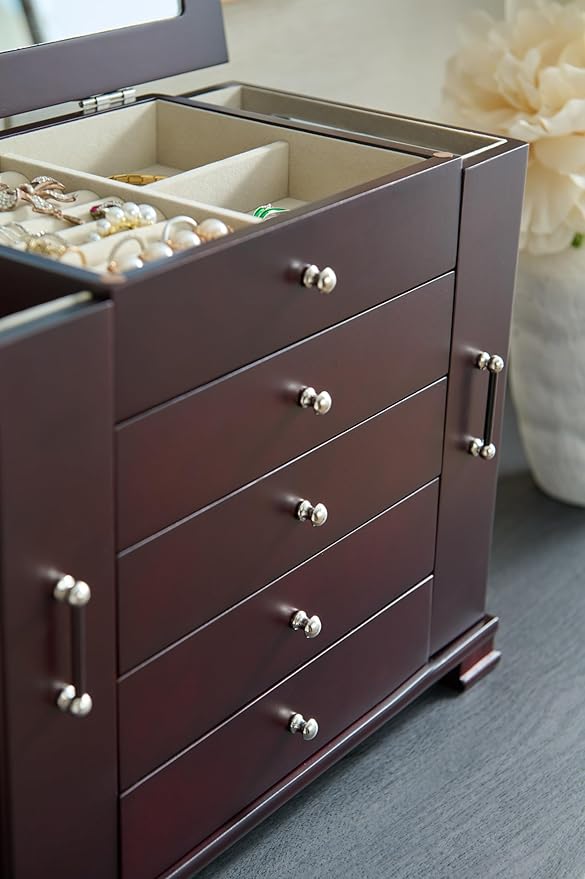 Brown 5 Layer Jewelry Box for Women,Top With Mirror Wooden Jewelry Organizer,With 8 Hook And Velvet Lining Large Jewelry Storage,For Watch Necklace Ring Earring Storage Gifts
