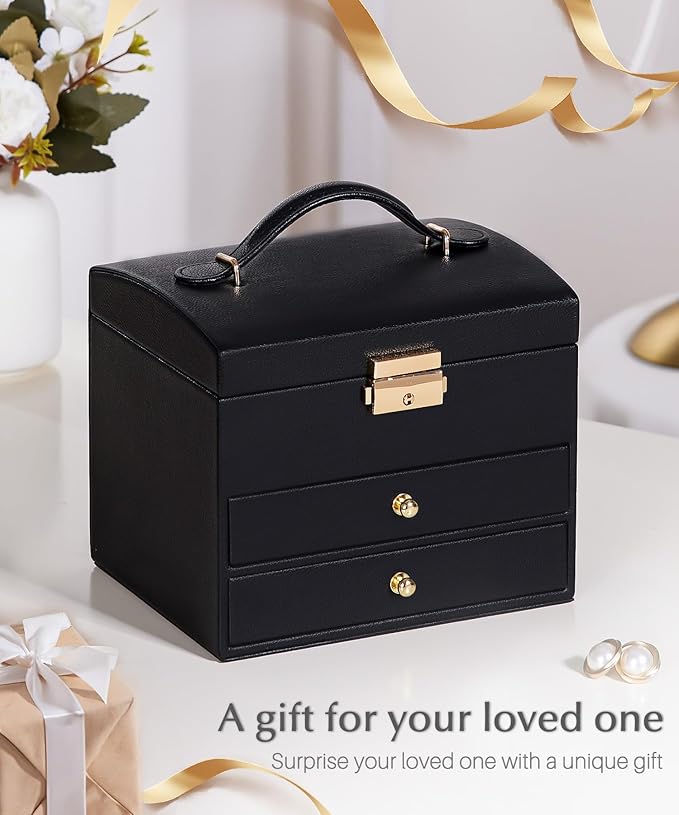 Homde Mothers Day Gifts Small Girls Jewelry Box with Lock: 3 Layer Organizer with Removable Tray - Storage for Ring Necklace Earring - Birthday & Return Gifts for Young Women (Graphite Black)