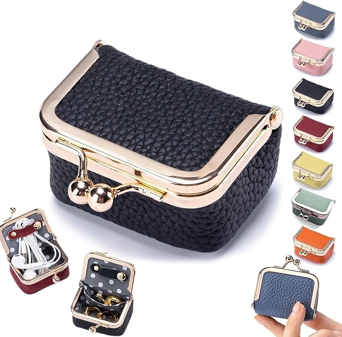 Leather Mini Jewelry Box, Portable Vintage Leather Coin Purse Jewelry Box with kiss Lock, Mini Travel Ring Box for Earrings/Rings/Necklaces/Bracelets