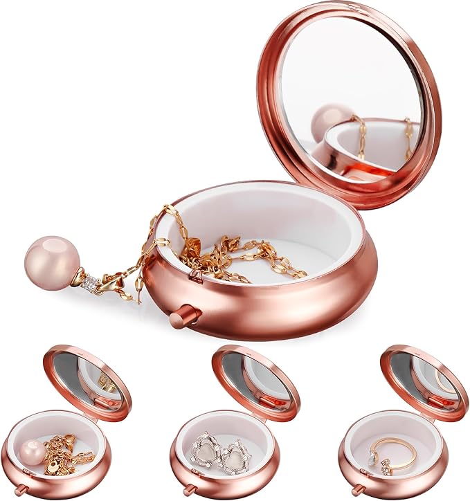 Mini Travel Jewelry Box with Built-In Mirror, Ultra-Portable Jewelry Holder for Rings, Necklaces, Earrings, Pills, Tea Bags, Small Accessories, Press-to-Open Multifunctional Storage (Pink)