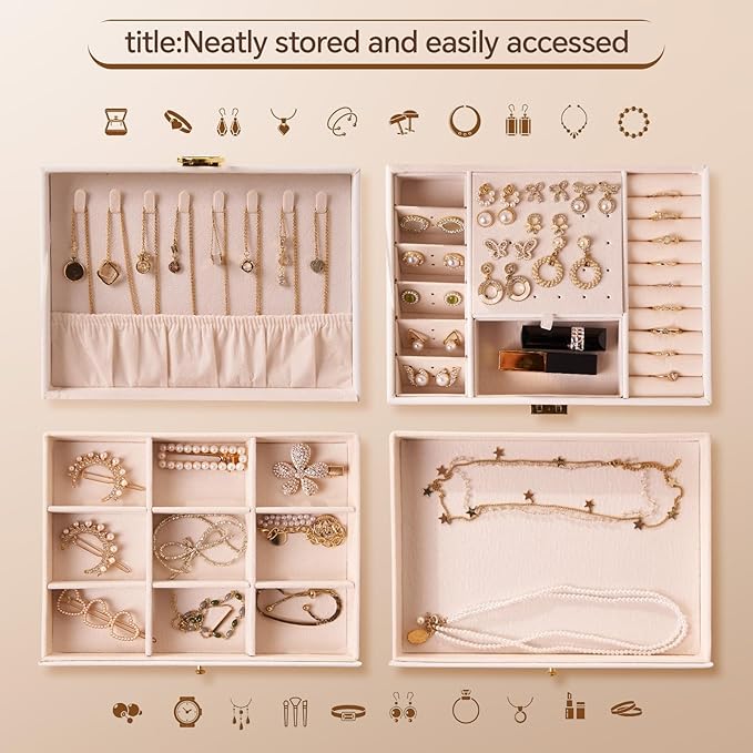 3 Layer Jewelry Box, Jewelry Holder Organizer with Jewelry Organizer Drawer, Large Jewelry Boxes & Organizer with Velvet Earring Organizer, Lockable Jewelry Holder, Unique Gifts for Women Mom (White)