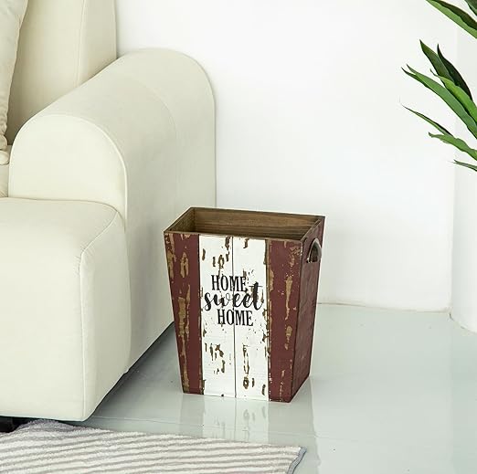Small Wood Trash Can Wastebasket, Farmhouse Rectangular Garbage Can Waste Basket, Rustic Distressed Wooden Trash Recycling Bin with Metal Handles, Home Sweet Home Wood Storage Basket (Distressed)