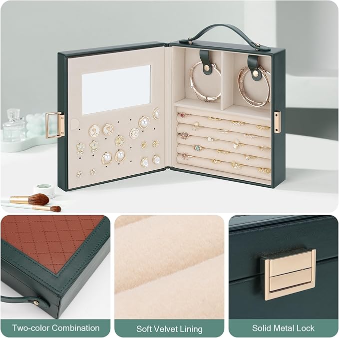 DesignSter Travel Jewelry Case for Woman, Portable Jewelry Travel Box with Mirror, PU Leather Small Jewelry Organizer with Handle for Rings Earrings Bracelets Necklaces(Dark Green & Brown)