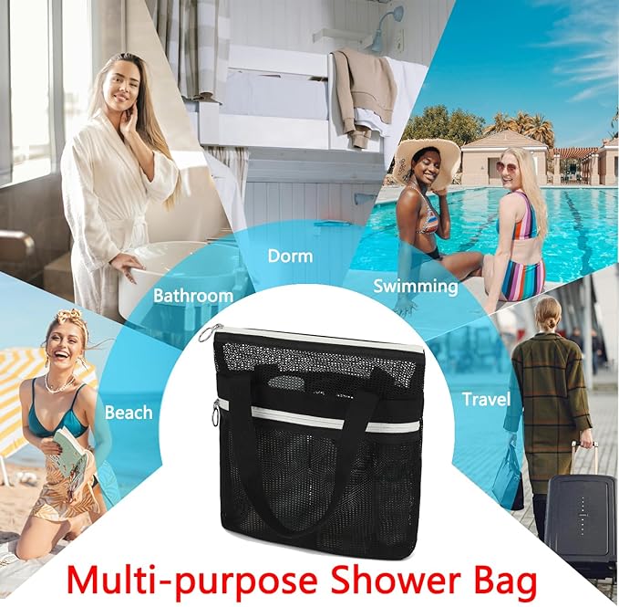 Fammart Mesh Shower Caddy Portable with Zipper & 2 Pockets - Quick Dry Shower Bag Toiletry Tote Hanging for Travel Gym Camp Beach - Organizer Bag Bathroom Essentials for College Dorm