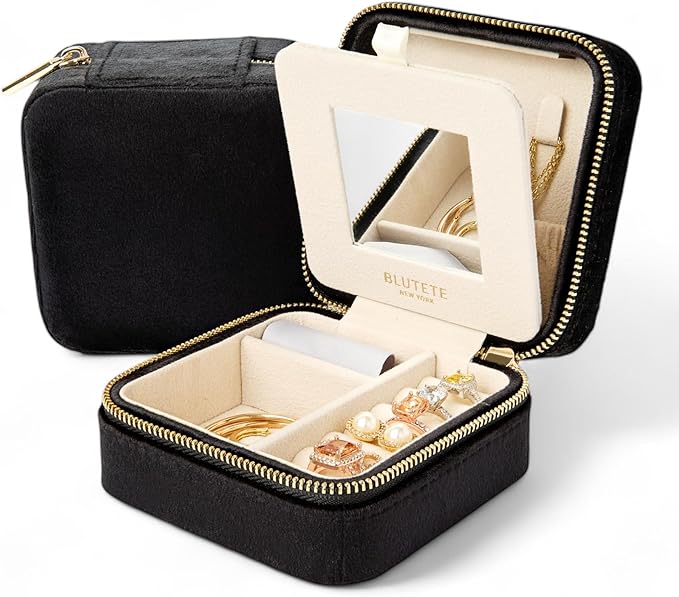 BLUTETE Travel Jewelry Box Organizer Velvet Travel Case With Mirror Rings Earrings Necklaces Storage Organizer Box (Black)