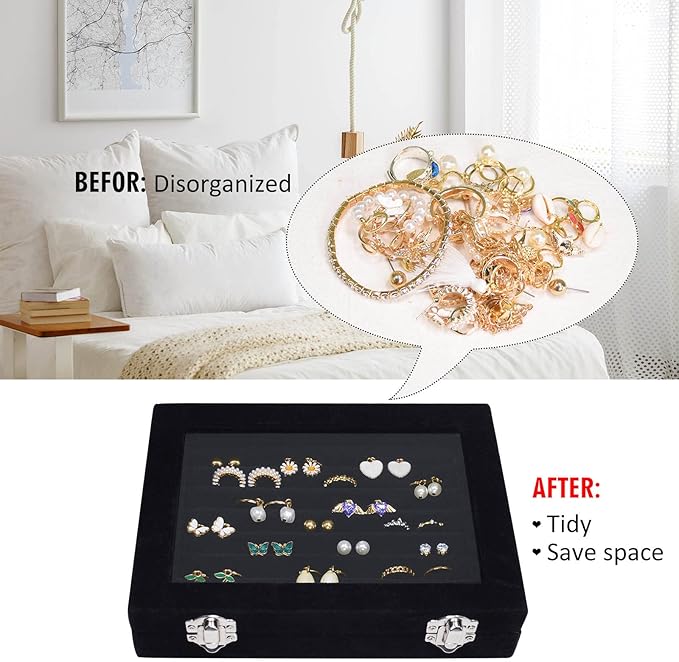 Vicoter Rings Organizer Tray 7 Slots Velvet Jewelry Earring Storage Box with Transparent lid Jewelry Display Case for Girls Wife Mom Women (Black)