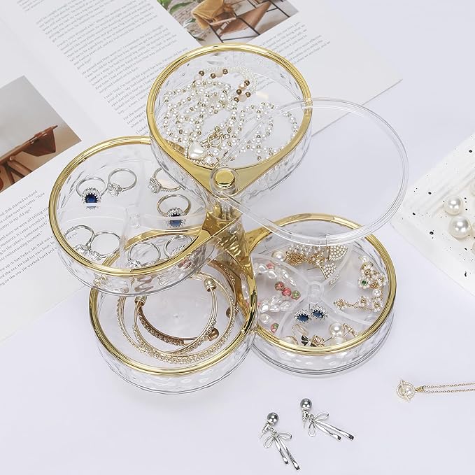 LETURE 4-Layers Rotatable Jewelry Organizer Storage Box, Clear Jewelry Holder Case for Ring Earring Necklaces Bracelets Makeup Hair Accessories