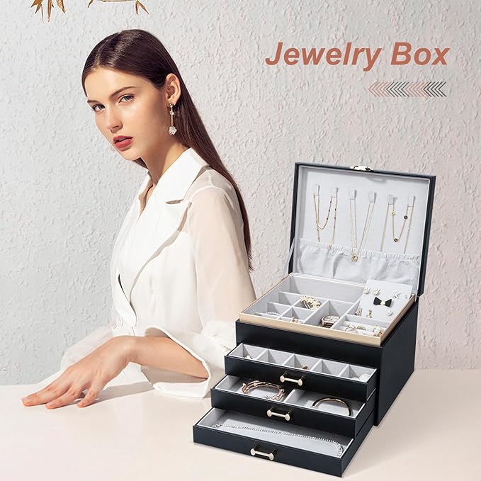 Jewelry Box，4-Layer Large Jewelry Organizers for Women with 3 Drawers,Storage Modern Style Jewelry Boxes Storage of Earrings Rings Bracelets Necklace（Black）