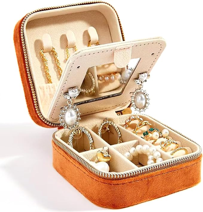 Smileshe Travel Velvet Jewelry Box with Mirror, Mini Gifts Case for Women Girls, Small Portable Organizer Boxes for Rings Earrings Necklaces Bracelets