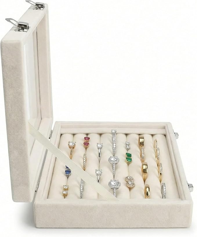 Jewelry Box Rings Organizer Tray 7 Slots Velvet Jewelry Earring Storage Box With Transparent Lid Jewelry Display Case for Girls Women (Beige)