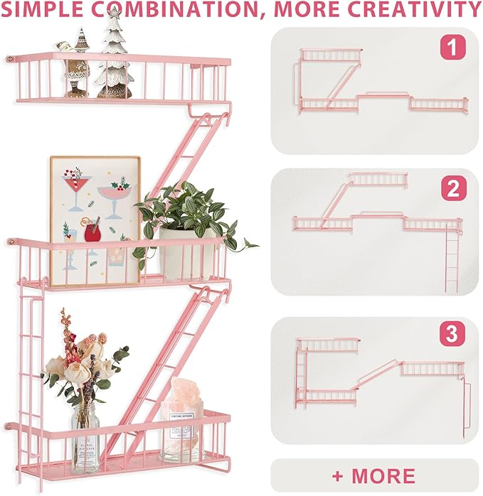 SweetSage Fire Escape Shelf - Pink Wall Decor Floating Shelves, Cute Metal Ladder Shelving for Bedroom, Home Decor Display (3-Tier)
