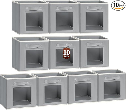 Homsorout Foldable Storage Cubes - Cubby Storage Organizer with Window, 11 Inch Baskets for Organizing, Collapsible Fabric Storage Cubes for Shelves, Closet, 10 Pack, Grey