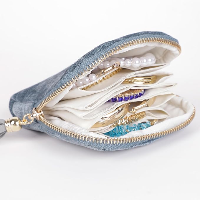 ASINGYER Travel Jewelry Storage Bag for Women, Velvet Portable Jewelry Organizer with Tassel Zipper, Small Pouches for Bracelets Necklaces Rings Earrings, Wedding Gift for Women (Blue)