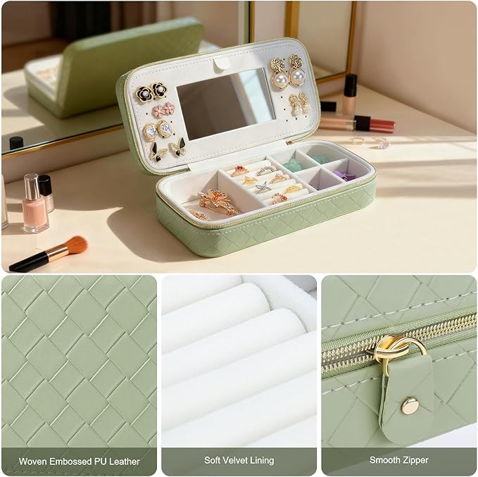 DesignSter Travel Jewelry Case, Woven Embossed PU Leather Jewelry Organizer with Mirror, Small Portable Jewelry Box for Women Rings Necklaces Bracelets Earrings