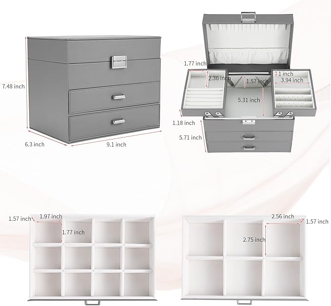 Dajasan Jewelry Organizer Box, Large Jewelry Boxes for Women Girls, Space-Saving 4 Layers Jewelry Storage Case with Drawer, Movable Metal Stand, Modern, Gift Idea (Grey)
