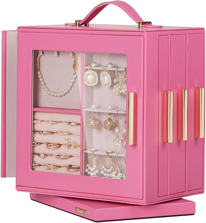 Homde Jewelry Box 360° Rotating, Necklace Earring Organizer with Transparent Window, Mirror, 7 Drawers, Large Ring Display Storage Case for Girls Women (Pink)