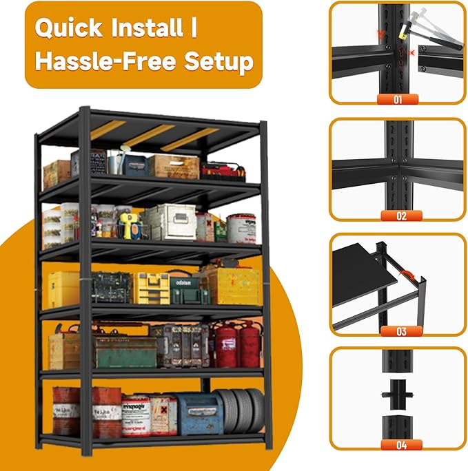 Garage Shelving,5 Tier Heavy Duty Shelving,72" H Metal Shelving Unit and Storage,3000lbs Capacity Steel Shelving,Industrial Shelves for Garage/Warehouse/Basement Black Adjustable Shelves
