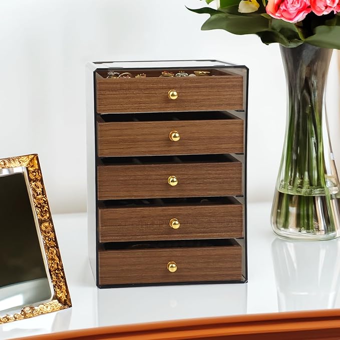 Fordonral Earring Jewelry Organizer Box with 5 Drawers, Plastic Jewelry Storage with Asjustable Velvet Trays, Multiple Display Holder for Earrings Ring Bracelet Necklace (Small-5-Drawer)
