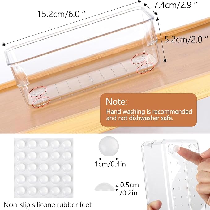 Ohlove 6Pcs Clear Plastic Drawer Organizers Tray 6" x 3" Storage Bins with 25Pcs Non-slip Pads for Makeup, Jewelries, Kitchen Utensils, Bathroom and Office