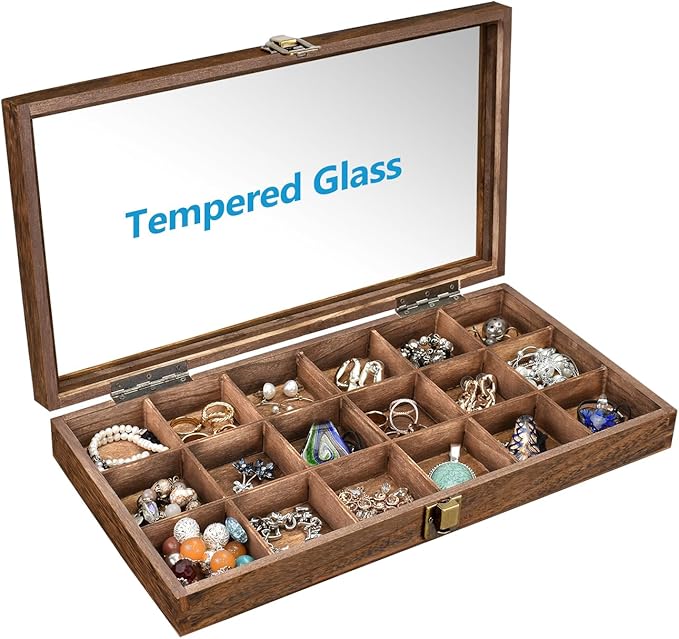 MOOCA Wooden Jewelry Display and Beads Display Storage Case with Tempered Glass Lid , 18 Compartments, 15" W x 8 3/8" L x 2 1/8" H, Brown Color