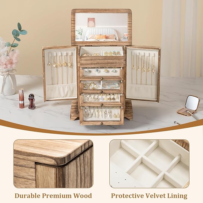 Large Jewelry Box & Organizer for Women, Wooden Jewelry Storage with 4 Transparent Drawers, Holds Necklaces, Rings, Bracelets, Earrings and Watches(Brown)