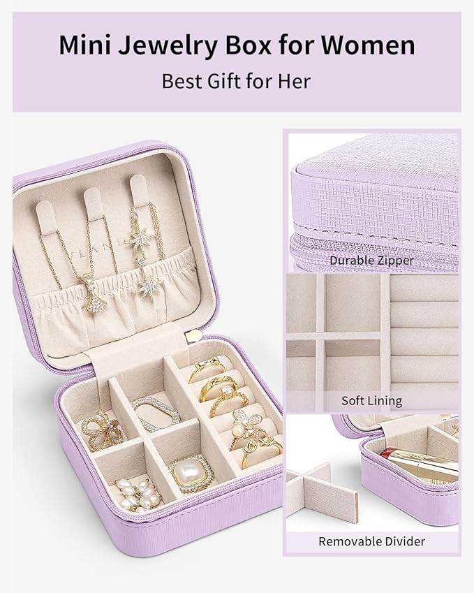 VLANDO Small Travel Jewelry Box Organizer - Girls Women Gift Rings Earrings Necklaces Jewelry Storage Display Case Purple