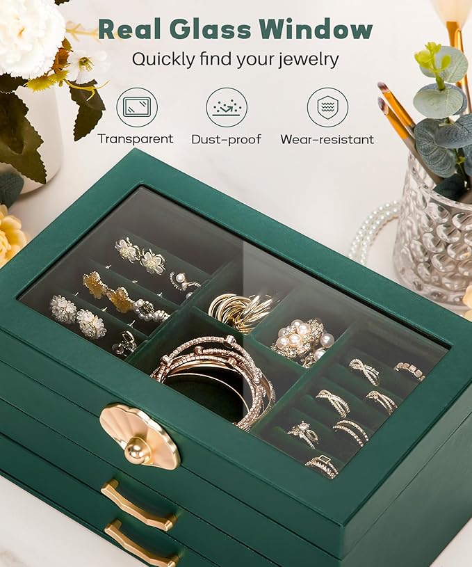 Enthralite Jewelry Box with 2 Drawers: Display Organizer for Earrings Necklaces - Christmas Gifts for Girls Women (Forest Green)