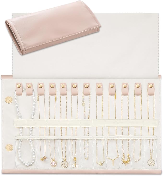 Lolalet Travel Necklace Organizer, Tangle-Free Necklace Case for Travel, Leather Foldable Roll Up Jewelry Storage Bag for Necklaces Chains Bracelets, Mothers Day Gift