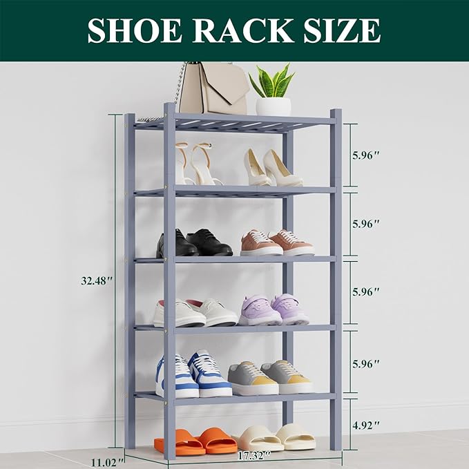 Smiry Shoe Rack, 5 Tier Thick Small Bamboo Shoe Organizer, Stackable Free Standing Wooden Shoe Storage Shelf for Closet, Entryway, Front Door Entrance, Grey