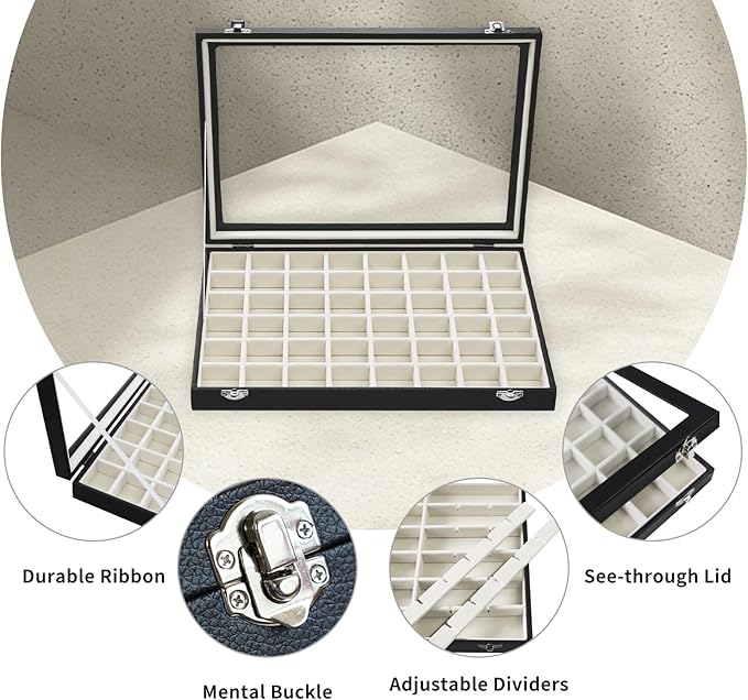Stratalife Jewelry Organizer 48 Grid Jewelry Tray with Clear Lid Dust-proof Velvet Earring Organizer Necklace Rings Holder Display Drawer Storage Case for Women Beige Black