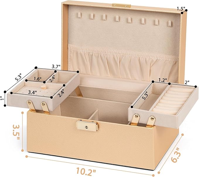 AKOZLIN Travel Jewelry Box Organizer Functional 2-trays Leather Jewelry Storage Case with Lockable Portable for Women Girls Ring Necklace Earring Bracelet Champagne