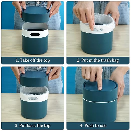 Mini Desk Trash Can with Lid with Trash Bags 180 pcs Press-Top 0.5 Gallon Tiny Countertop Waste Basket Small Table Top Plastic Covered Garbage Bin for Desk Top (Blue)