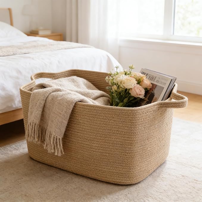 Large Blanket Basket,Woven Rope Basket Storage Bin with Handles,65L Rectangle Laundry Basket for Magazines,Toys,Clothes,Newspaper Shelf Organization,Nursery and Living Room,Jute