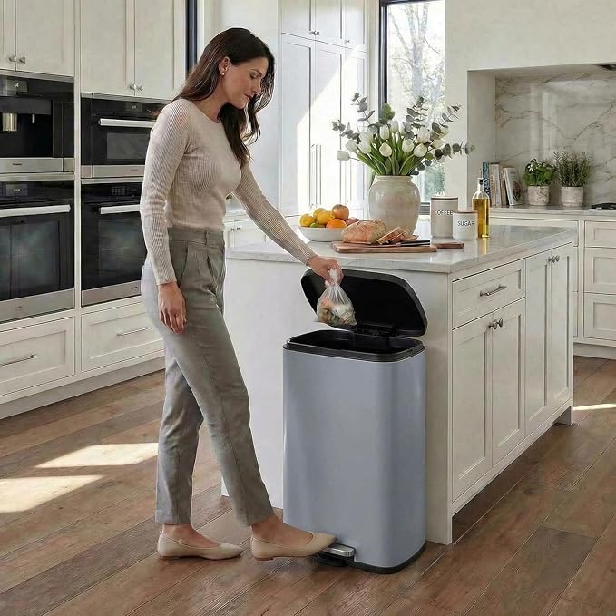 8 Gal Kitchen Trash Can, 30L Recycling or Garbage Bin, Brushed Stainless Steel Waste Basket, Soft&Quiet Close Dustbin, with Step-On Pedal, Removable Inner Bucket, for Home, Office, Living Room