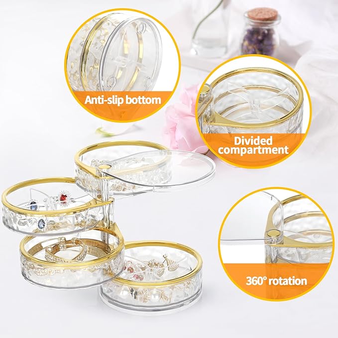 LETURE 4-Layers Rotatable Jewelry Organizer Storage Box, Clear Jewelry Holder Case for Ring Earring Necklaces Bracelets Makeup Hair Accessories