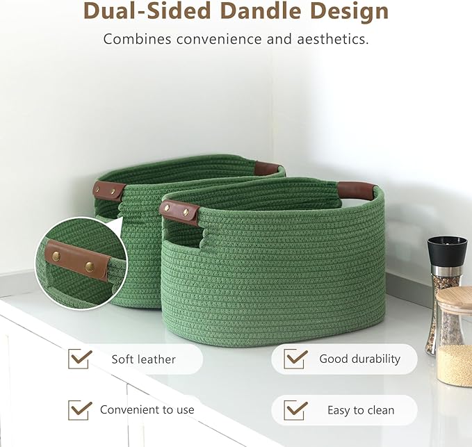 ECDYQXVU Cotton Rope Basket, Storage Baskets with Handle, 15x10x9 Inch Woven Basket for Shelves, Laundry, Towels, Clothes, Books (Green 2Pack)