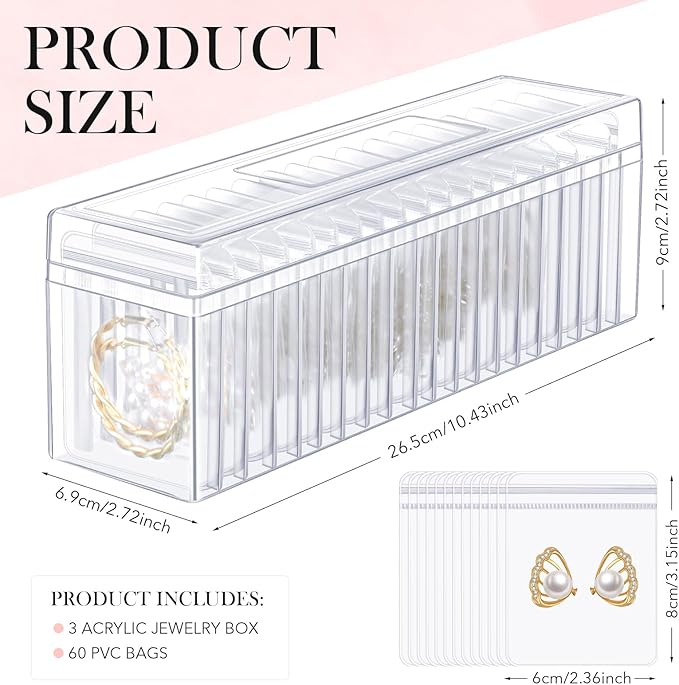 Kenning 63 Pcs Acrylic Jewelry Case Organizer, Clear Jewelry Organizers Holder with Portable Anti Tarnish Storage Bags for Rings, Earrings, Necklaces, Ideal Gifts for Women (Clear)