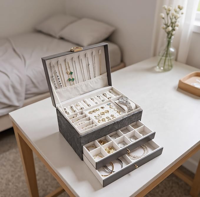 TOFUNTOY Jewelry Organizer Box, Large Jewelry Boxes for Women, 3-Layer Jewelry Holder Organizer for Necklace Earrings Rings Bracelets Storage, Gift for Her Mom