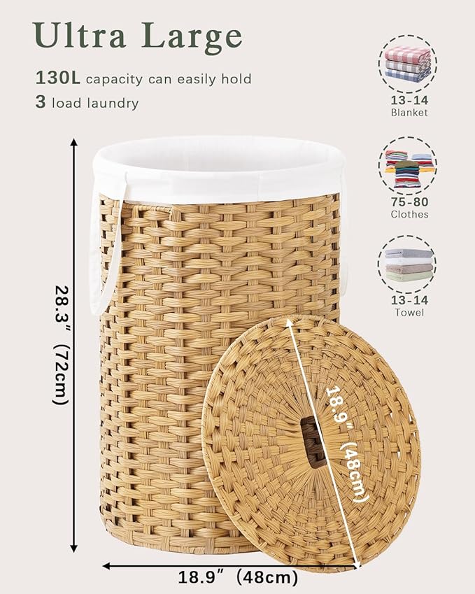 SETVSON Large Laundry Hamper Laundry Basket Round 34.3 Gal (130 L) Handwoven Wicker Laundry Baskets Rattan Laundry Basket with Laundry Bag Handles 2 Mesh Bags for Living Room Bedroom Natural