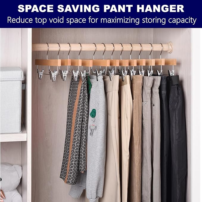 Amber Home 10 Pack Wooden Pants Hangers with Clips, 14" Natural Wood Skirt & Trouser Hangers, Closet Hangers for Jeans, Slacks, Shorts, with 2-Adjustable Clips (Natural, 10)