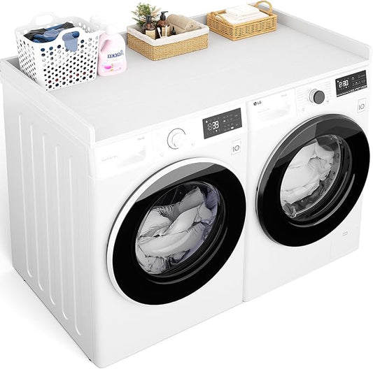Aheaplus Washer and Dryer Countertop, Laundry Room Organization with Non-Slip Pads, Wood Shelf Topper with Round Corner Edge Rails, Folding Organizer for Laundry, 54" W x 27.5" D, White