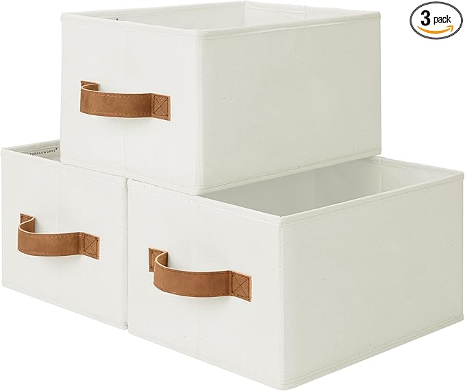 StorageWorks Closet Organizer Storage Baskets, Storage Bins for Shelves, Fabric Organization and Storage, Foldable Closet Organizer for Clothes, Ivory White, 3-Pack, Small