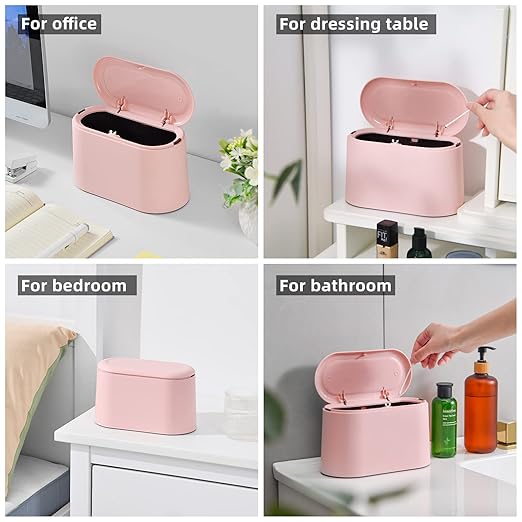 SUBEKYU 0.5 Gal Mini Countertop Trash Can with Lid for Desktop, Small Garbage Can for Office, Tiny Wastebasket,Pink