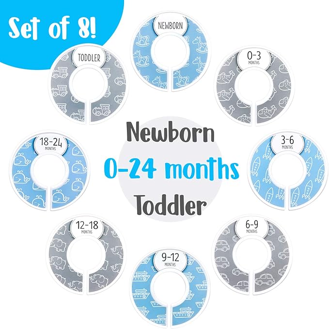 Eli with Love Baby Closet Dividers (Baby Blue) – Fits 1.5" Rod - Set of 8 Baby Clothes Organizers – Organize Nursery Hangers Size/Age