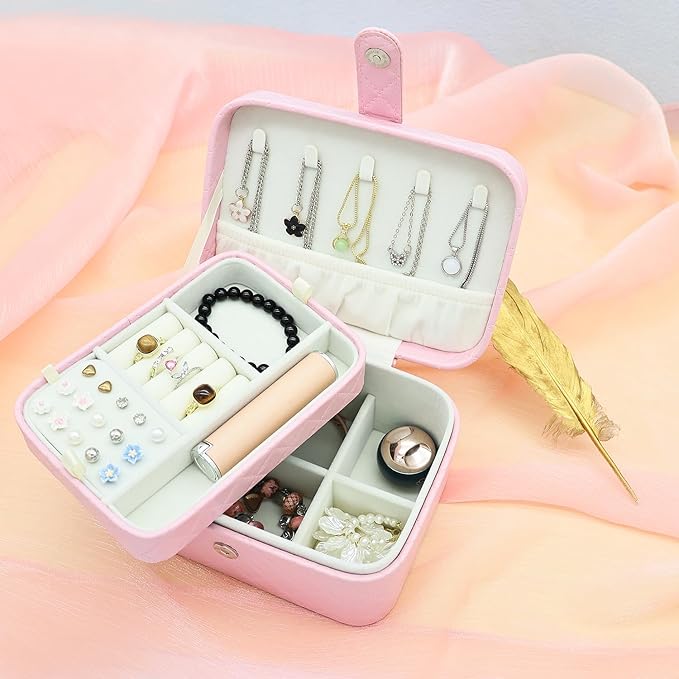 Jewelry Travel Case, 2-Layer Jewelry Box Organizer Medium Jewelry Travel Box, Portable Faux Leather Jewellery Storage Boxes with Argyle for Women, Daily Jewellery Case Home Use (Peach pink)