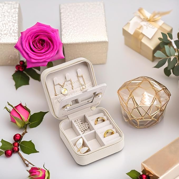 Vlando Small Travel Jewelry Box Organizer - Mirrored Carry-on Jewelries Necklaces Rings Earrings Necklace Storage Case, Beige