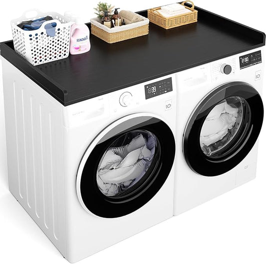 Aheaplus Washer and Dryer Countertop, Laundry Room Organization with Non-Slip Pads, Wood Shelf Topper with Round Corner Edge Rails, Folding Organizer for Laundry, 54" W x 27.5" D, Black
