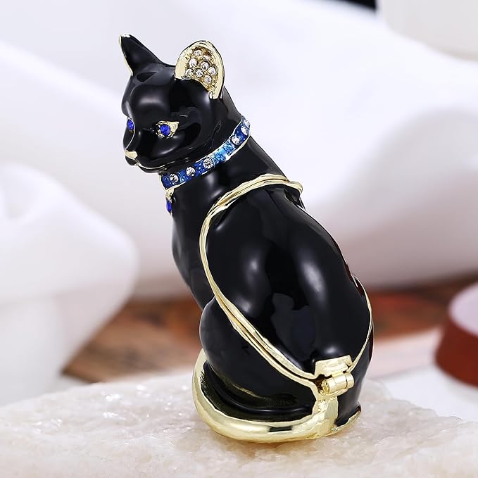 Hand Painted Animal Trinket Box for Home Decor, Hinged Jewelry Organizer Storage, Unique Personalized Collectible Keepsake Figurine Handmade Decorative Ornament Gifts (Black Cat)
