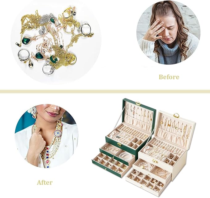 GUOER Jewelry Box for Women Girl Wife 3 Layers Large PU Leather Jewelry Organizer Storage Case with Two Layers Display for Earrings Bracelets Rings Watches (Green)